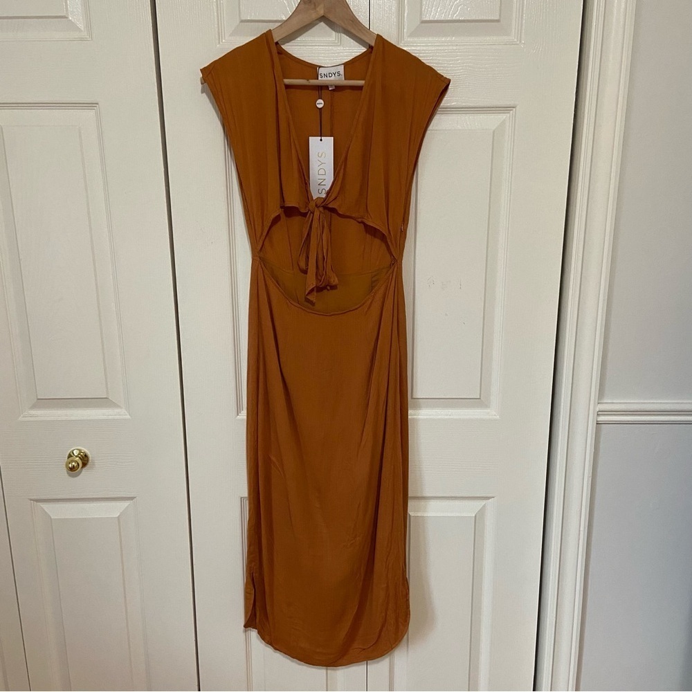 SNDYS NWT Botanical Tie Front Cut Out Rust Brown Boho Midi Maxi Dress Small - Picture 3 of 8